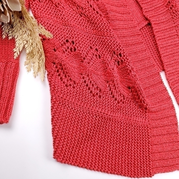 Chicos Red Coral Open Knit Cardigan Sz 1 (U.S. Med / 8) - Picture 4 of 14